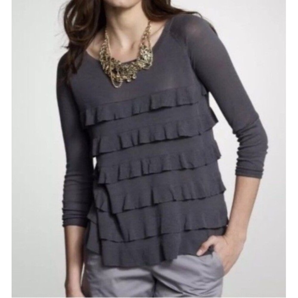 J. CREW Ruffle Silk And Linen Blend Round Neck Long Sleeve Top Pullover Size XS